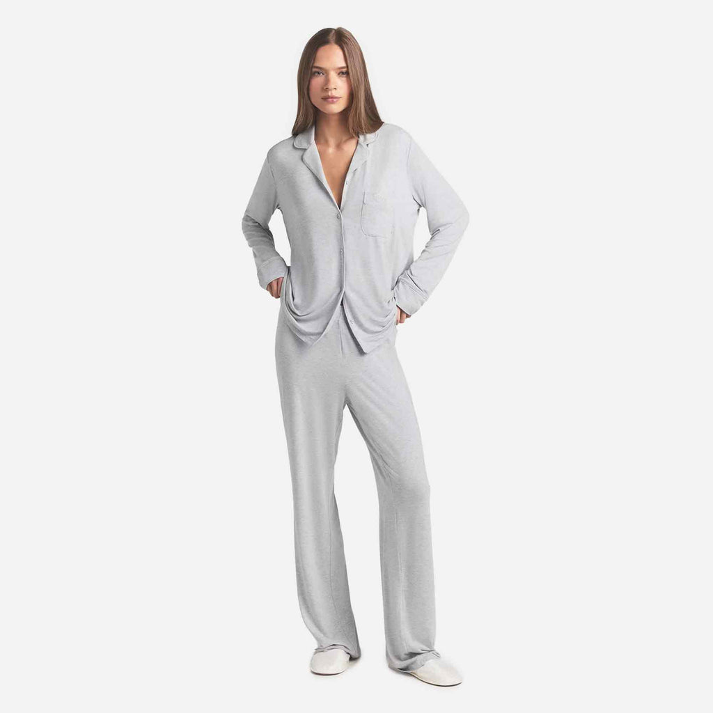 Sleep Long Sleeve Button Up Set Light Heather Grey