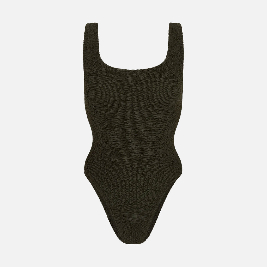 Square Neck Swimsuit Crinkle Metallic Khaki