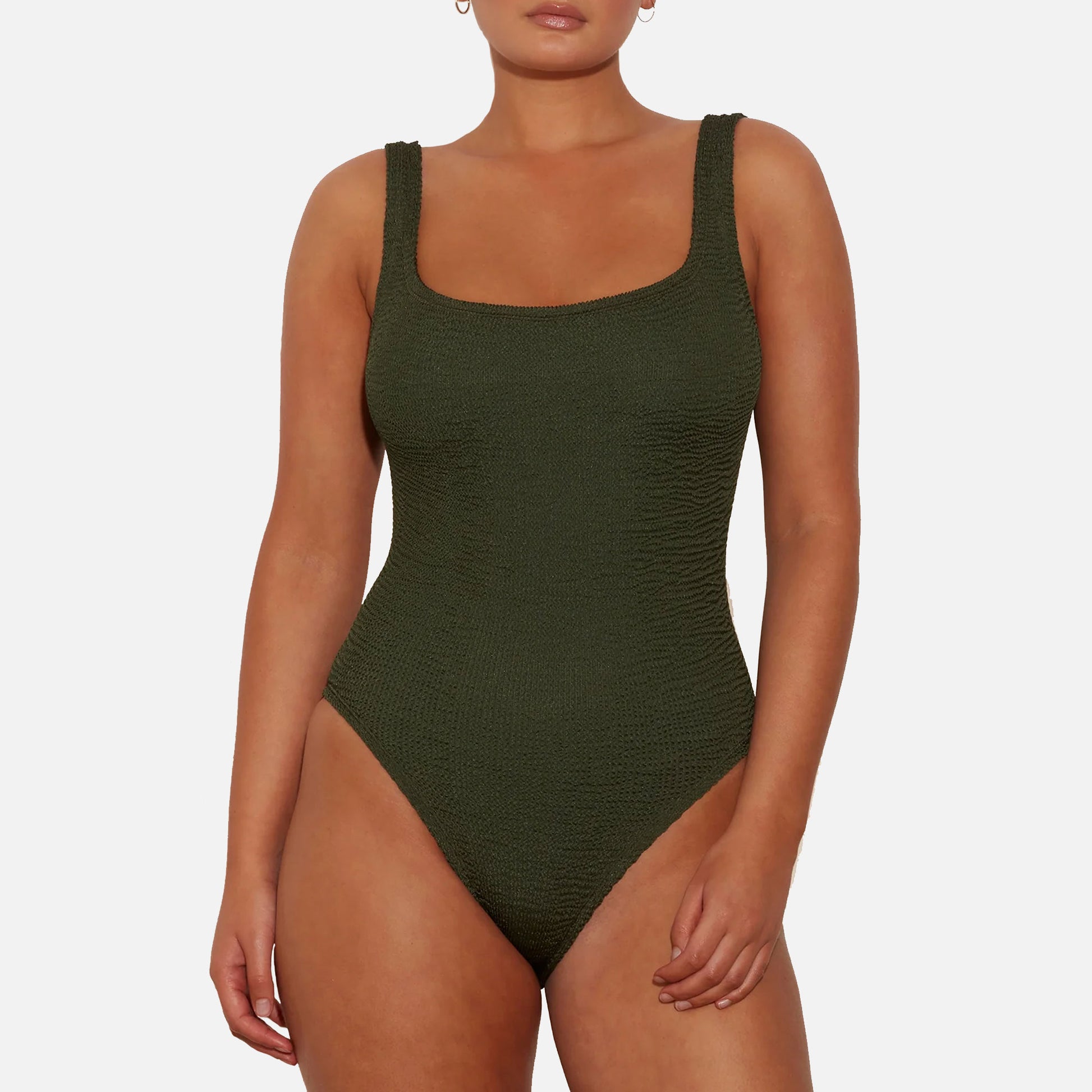 Square Neck Swimsuit Crinkle Metallic Khaki