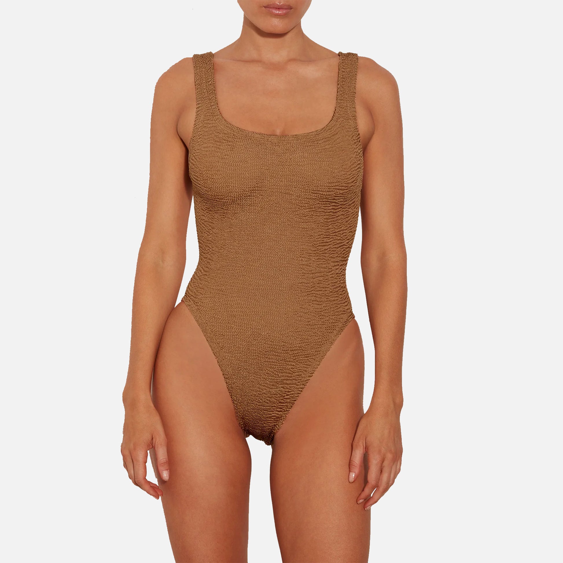 Square Neck Swimsuit Crinkle Metallic Cocoa