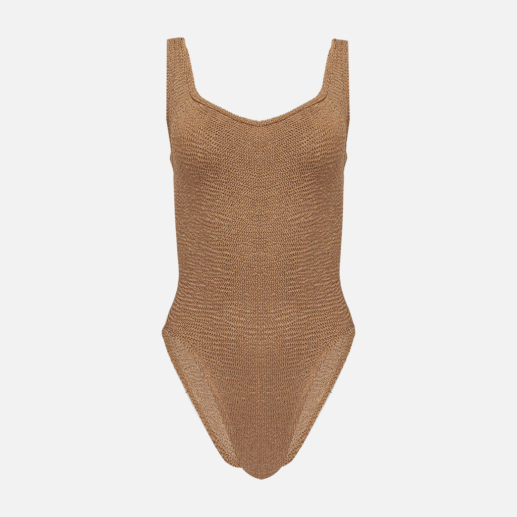 Square Neck Swimsuit Crinkle Metallic Cocoa