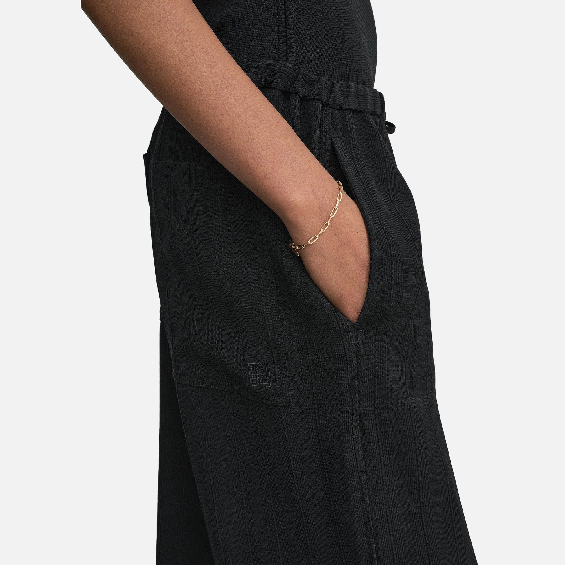 Woven Stripe Drawstring Trousers Black