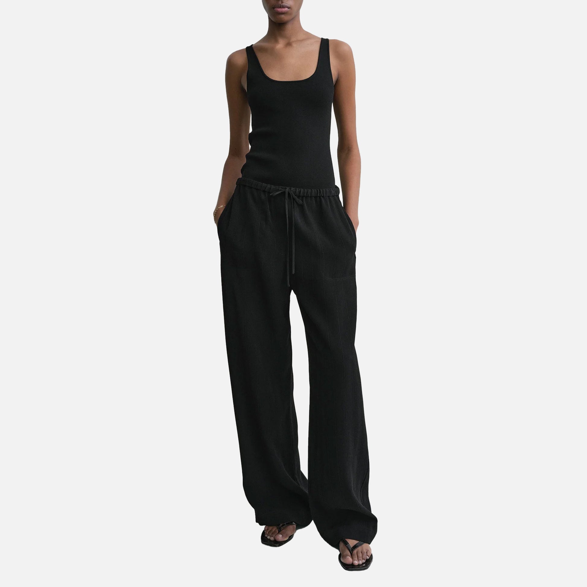 Woven Stripe Drawstring Trousers Black