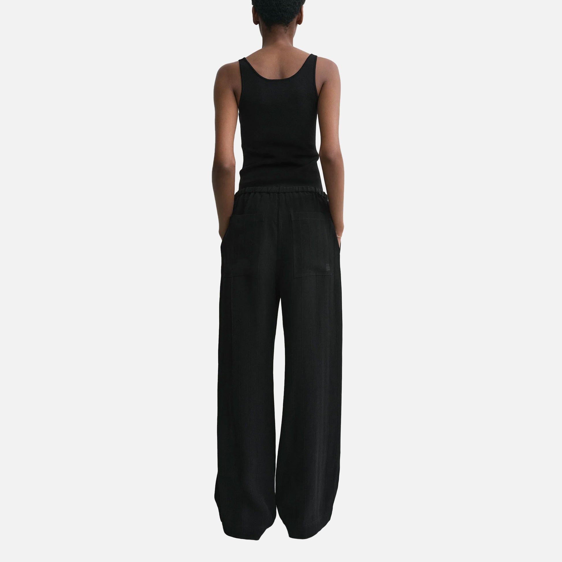 Woven Stripe Drawstring Trousers Black