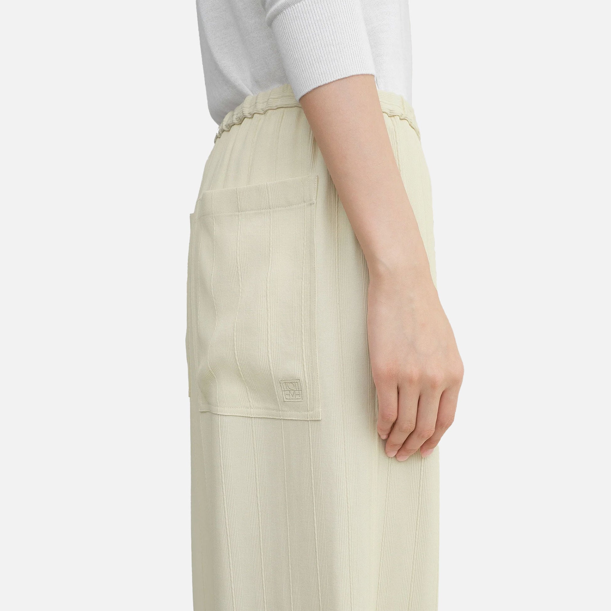 Woven Stripe Drawstring Trousers Ecru