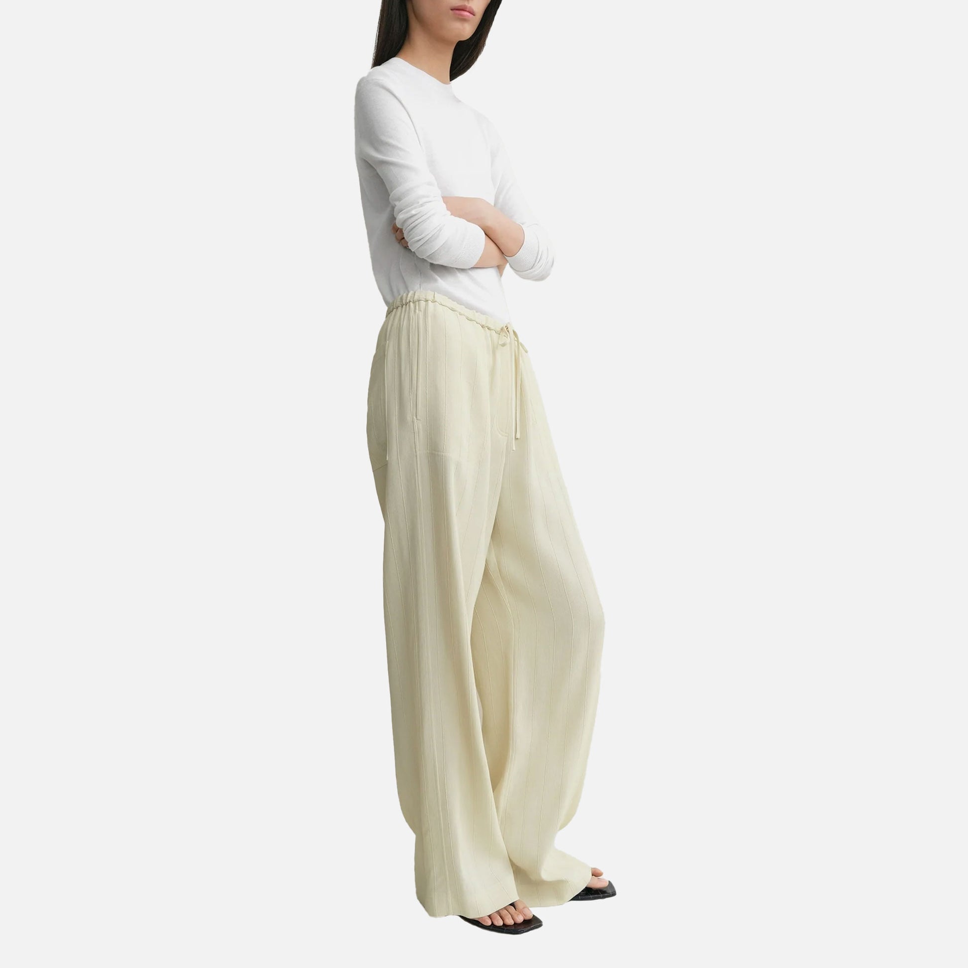 Woven Stripe Drawstring Trousers Ecru