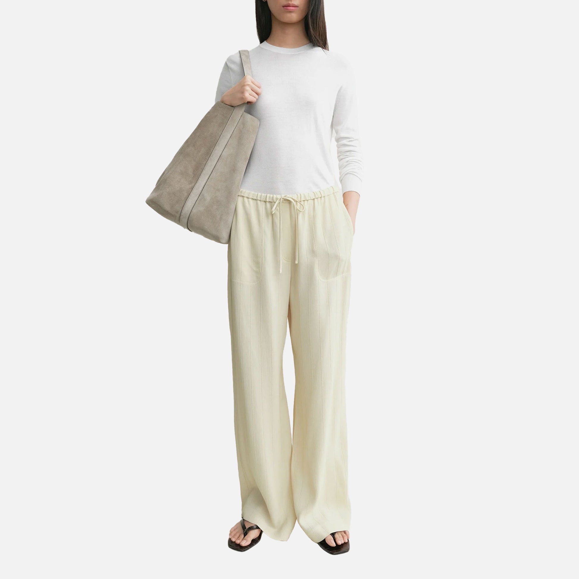Woven Stripe Drawstring Trousers Ecru