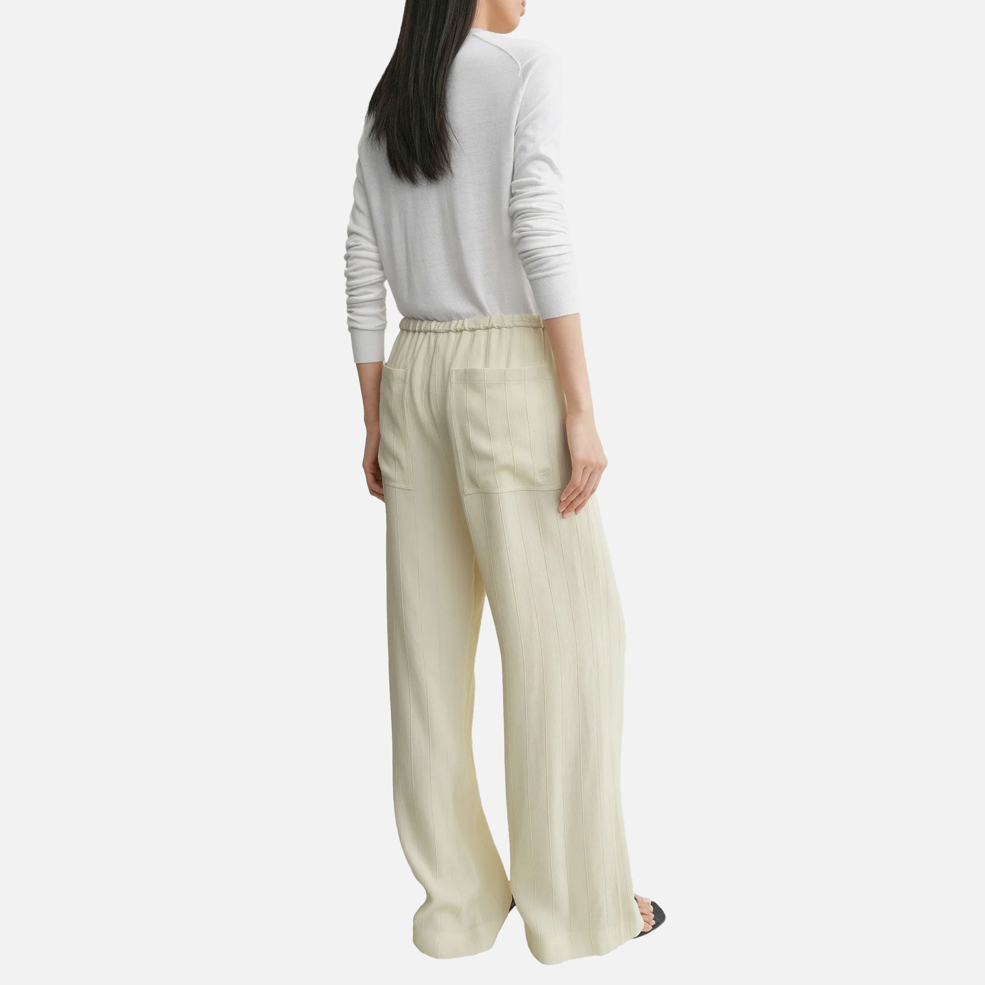 Woven Stripe Drawstring Trousers Ecru
