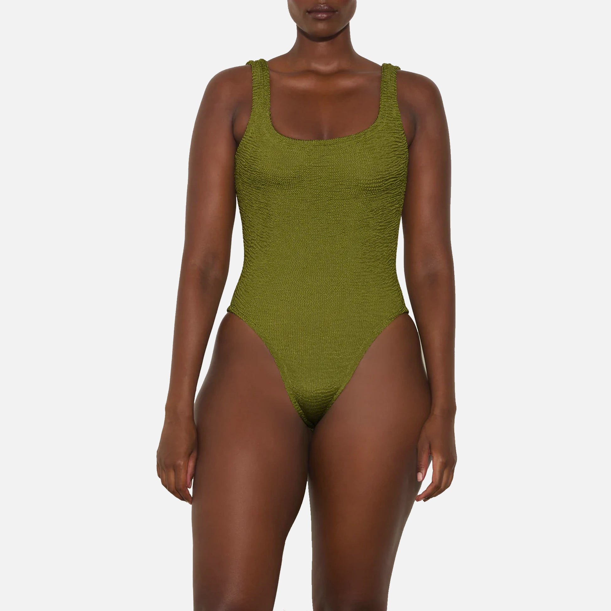 Square Neck Swimsuit Crinkle Metallic Moss
