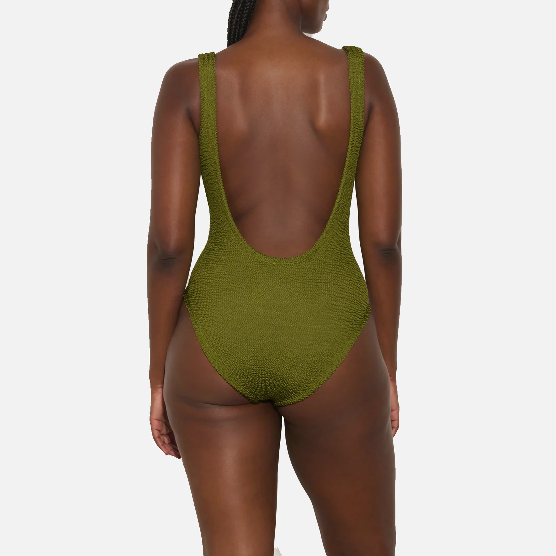 Square Neck Swimsuit Crinkle Metallic Moss